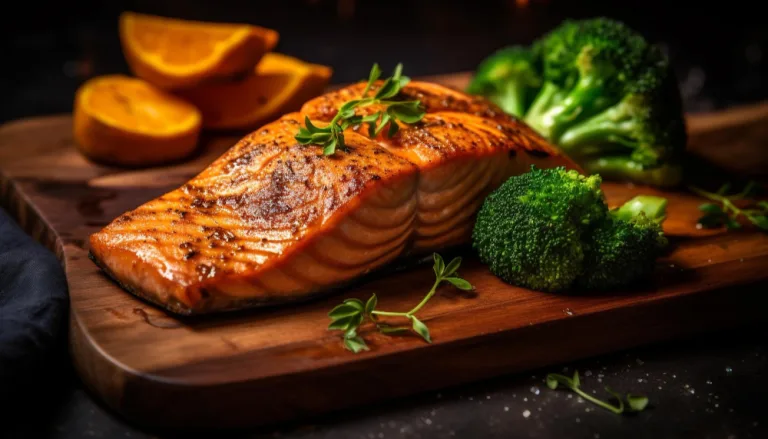 Mediterranean Grilled Salmon: a seared salmon fillet with broccoli, orange slices and thyme on a wooden board
