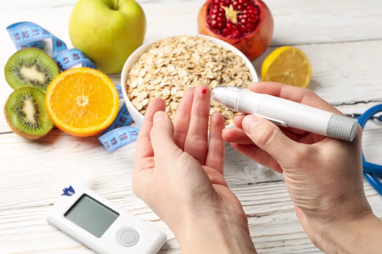 Managing Diabetes with Diet: a finger-prick glucose test beside a bowl of oats, kiwi, orange and a measuring tape