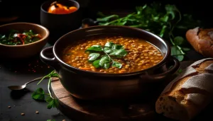 Hearty Lentil Soup: a black pot of lentil soup garnished with fresh herbs, with rustic bread and greens alongside