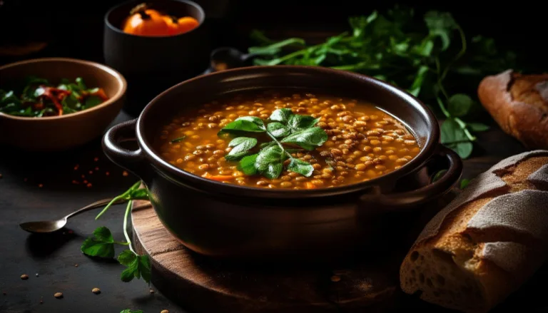 Hearty Lentil Soup: a black pot of lentil soup garnished with fresh herbs, with rustic bread and greens alongside