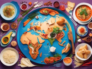 Bariatric International Recipes: a world map surrounded by dishes from many cuisines, noodles, dumplings, tacos and curries