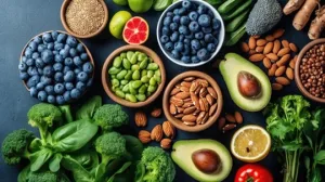 Superfoods for diabetes: bowls of blueberries, almonds, edamame, chickpeas and pecans with avocado, broccoli and spinach