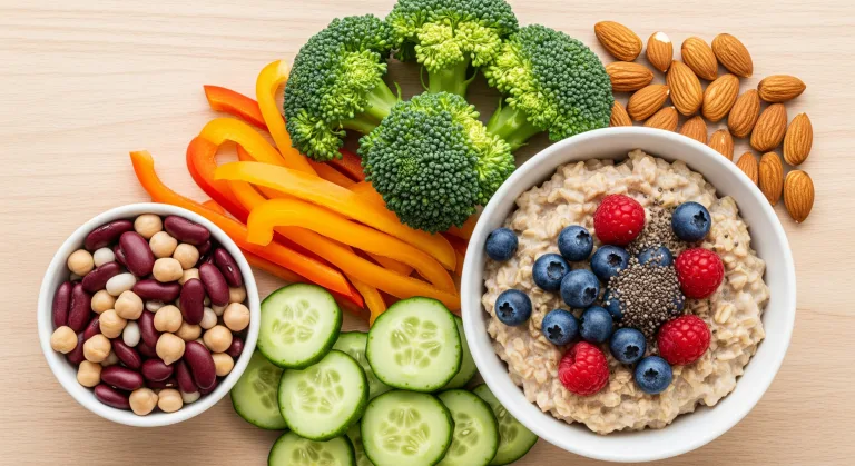 High-Fiber Foods for Diabetes: bowls of beans, oatmeal with berries and chia, almonds, broccoli, peppers and cucumber slices