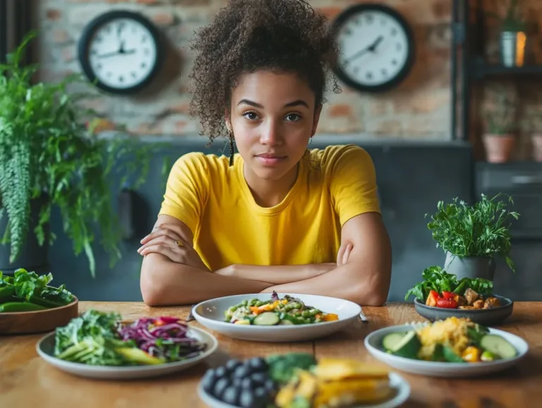 A woman in a yellow shirt sits at a table with several plates of food and two clocks on the wall behind her