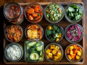 Bariatric Menu Rotations: twelve glass containers of prepped meals with vegetables, rice, salmon and chicken on a wooden tray
