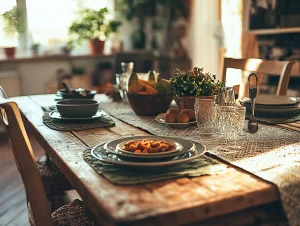 Bariatric Portion Strategies: a small plated portion on a rustic wooden dining table with bowls, glasses and greenery
