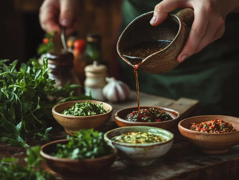 A hand pours dressing from a ceramic jug over bowls of pesto, chimichurri and salsa among fresh herbs