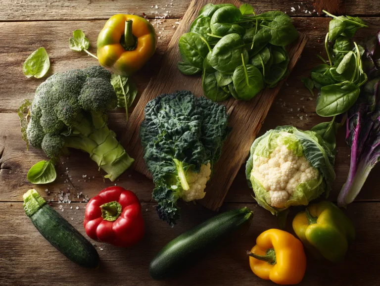 Best Vegetables for Diabetes Control: broccoli, cauliflower, kale, spinach, peppers, zucchini and cucumber on a wooden board