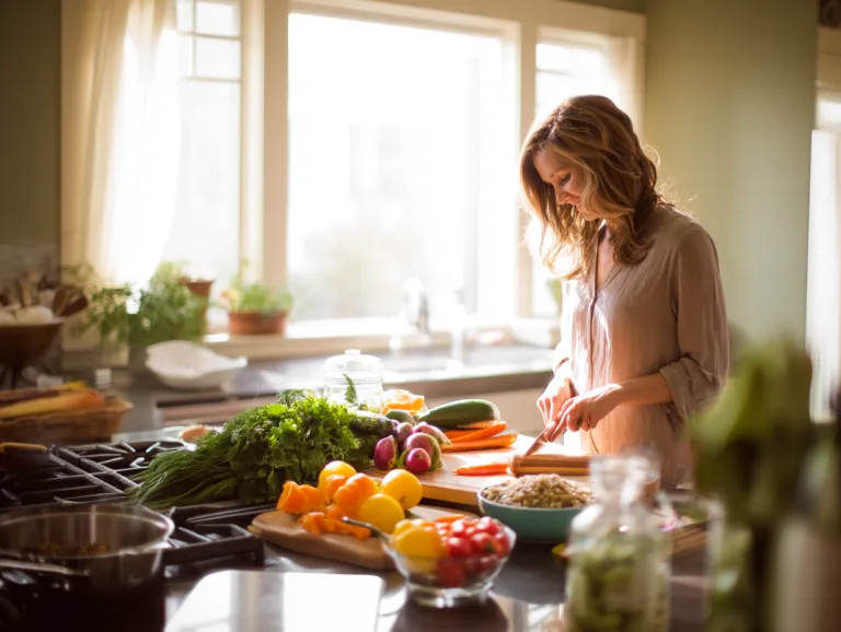 How to Reverse Prediabetes with Diet: a woman chops fresh vegetables at a sunlit kitchen counter
