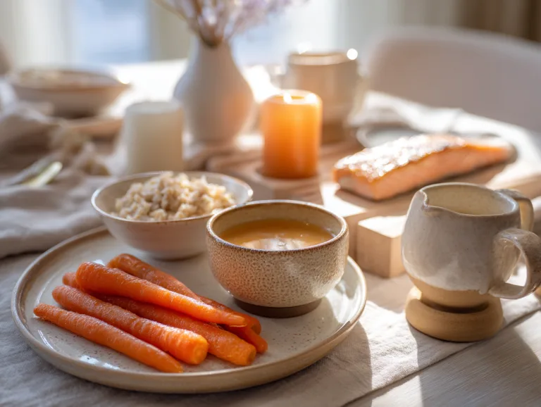 Diverticulitis Diet Plan: a tray with steamed carrots, rice, a cup of broth, poached salmon and a candle in soft light