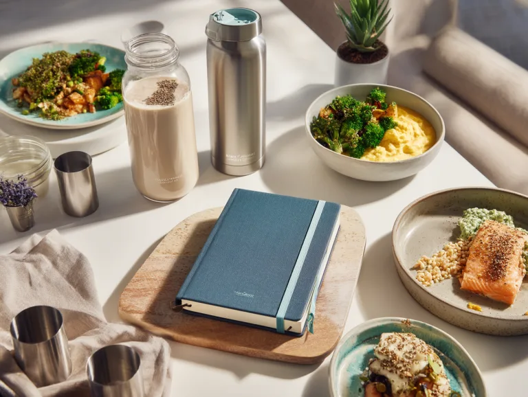 Gastric Bypass Meal Plan: a closed notebook on a table with bowls of salad, eggs, salmon and shaker bottles