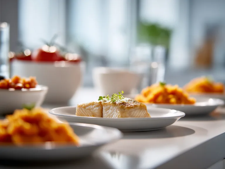 Gastric Sleeve Recipes: small plates of fish and soft vegetable stew on a bright white kitchen counter