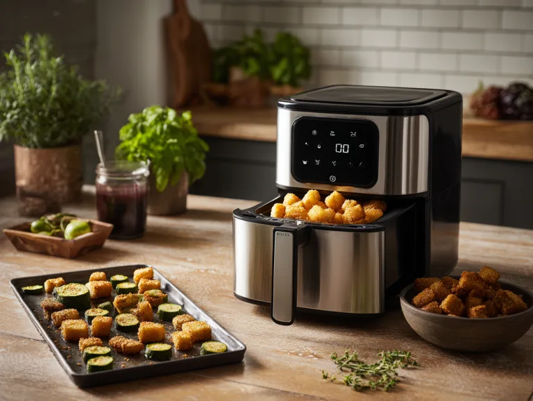 Bariatric air fryer snacks: a tray of crisp zucchini and chicken bites beside a stainless air fryer on a kitchen counter