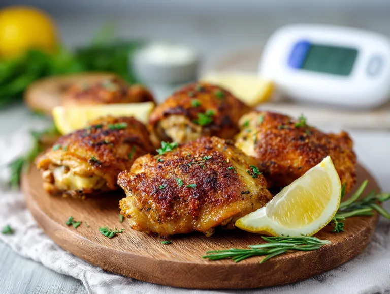 Golden herb-crusted chicken thighs on a wooden board with a lemon wedge and a glucose meter behind