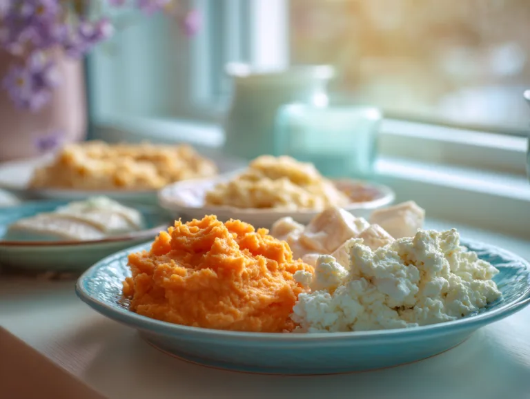 Gastric Bypass Soft Foods: a plate of mashed sweet potato, cottage cheese and poached fish by a window with flowers