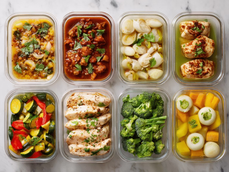 Bariatric freezer meals: eight glass containers of portioned chicken, chili, vegetables and soups seen from above