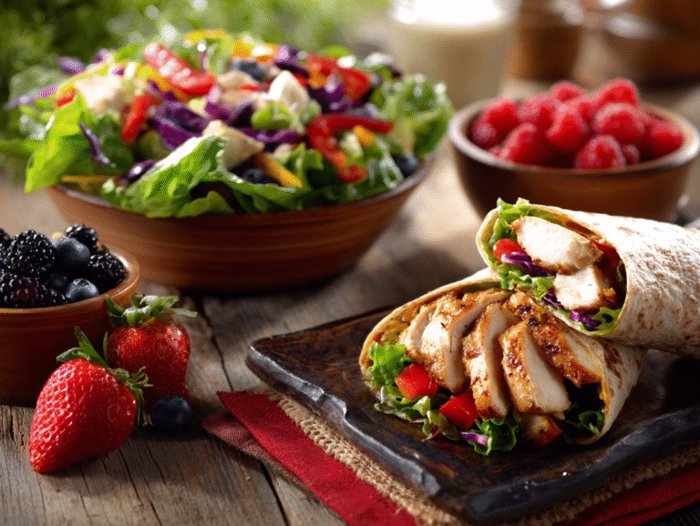 Diabetic lunch ideas: a mixed green salad, a grilled chicken wrap and a bowl of fresh berries on a wooden table