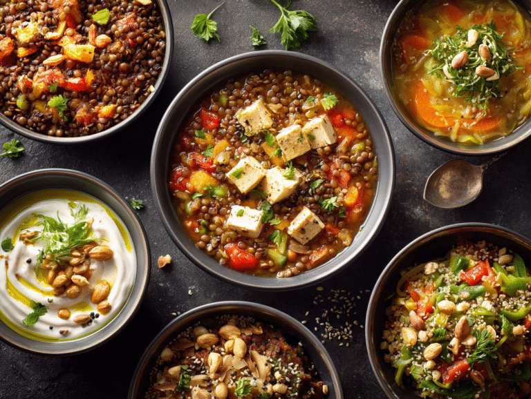 High protein vegetarian bariatric recipes: bowls of lentil stew, tofu curry, chickpea soup and bean salad on a dark table