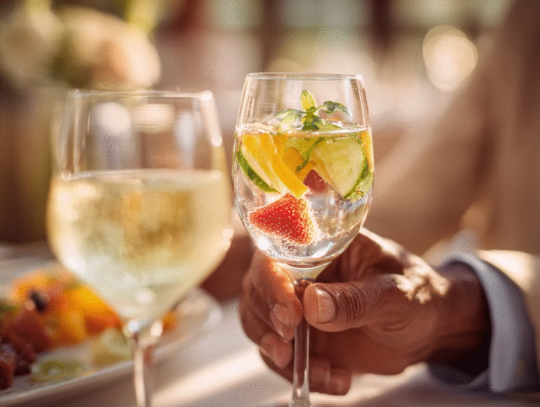 A hand holds a glass of sparkling water with fruit next to a glass of white wine at a dinner table