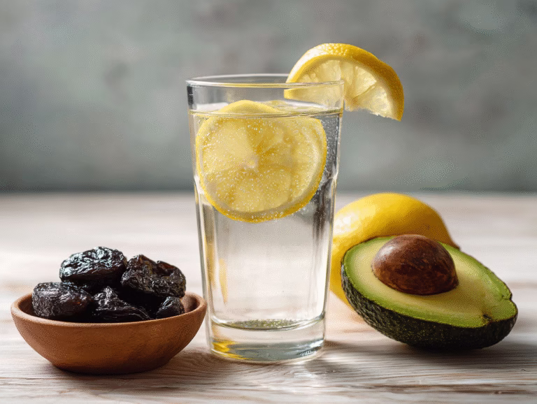 Constipation after bariatric surgery: a glass of lemon water with a bowl of prunes and half an avocado on a light table