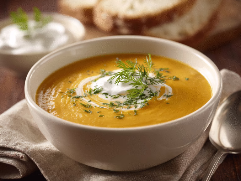 Low fiber recipes for diverticulitis: a bowl of smooth carrot and squash soup with a swirl of cream and a sprig of dill