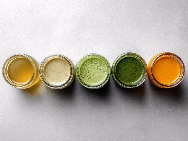 Five small jars of broth, protein shake, green smoothie, pureed greens and pureed vegetables on grey stone