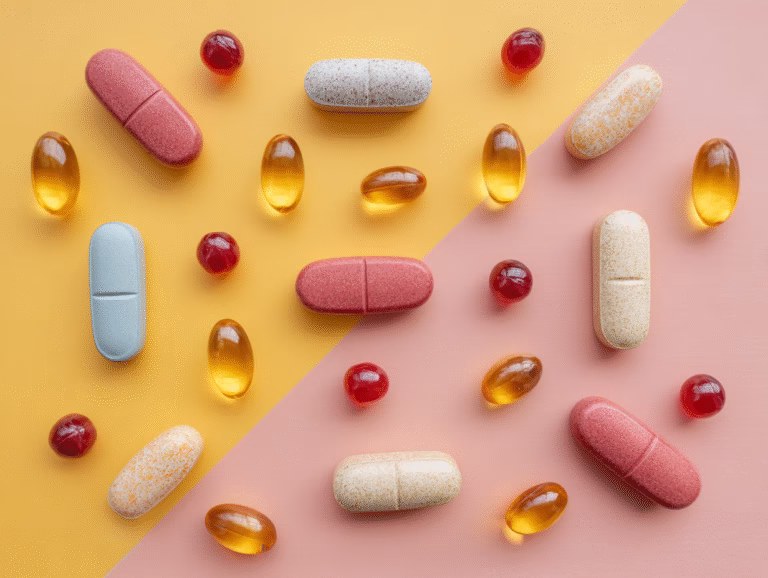 Vitamins after bariatric surgery: assorted tablets, capsules and softgels scattered on a pink and yellow background
