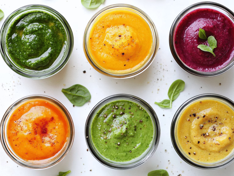 Six glass jars of green, orange, beetroot, sweet potato, pea and squash purees seen from above