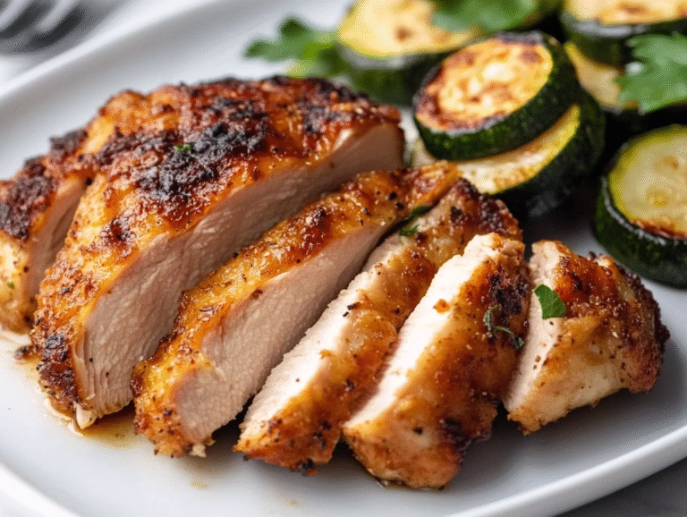 Best bariatric air fryer chicken recipes: sliced spice-crusted chicken breast with roasted zucchini rounds on a white plate