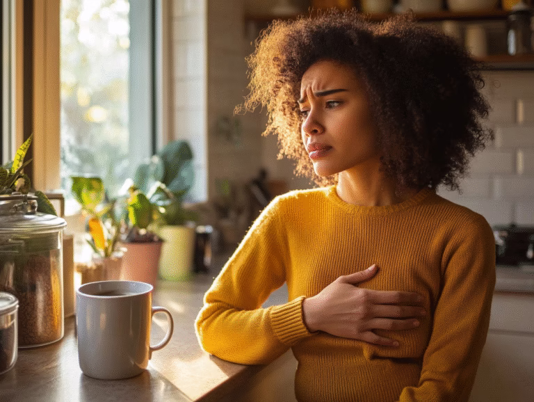 A woman in a yellow sweater holds her stomach beside a mug of coffee in a sunlit kitchen