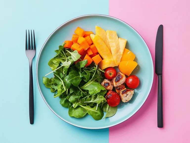 A small plate of greens, roasted squash, mango and cherry tomatoes on a pink and blue background
