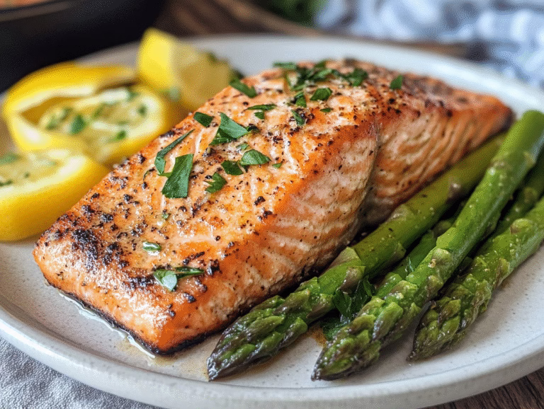 Easy diabetic air fryer dinner ideas: a seasoned salmon fillet with asparagus spears and lemon on a white plate