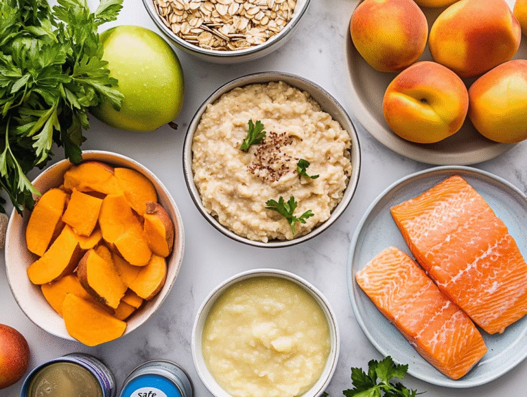Bowls of oatmeal, sweet potato and applesauce with salmon, peaches, apple and parsley seen from above