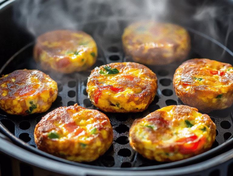 High protein bariatric air fryer breakfast ideas: steaming egg muffins with peppers and herbs cooking in an air fryer basket