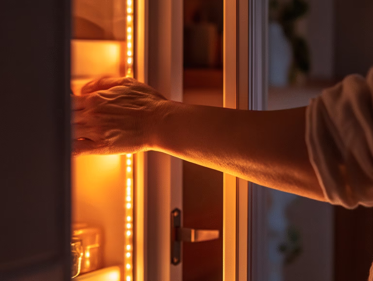 A hand opens the fridge door at night in a dim kitchen lit only by the fridge light