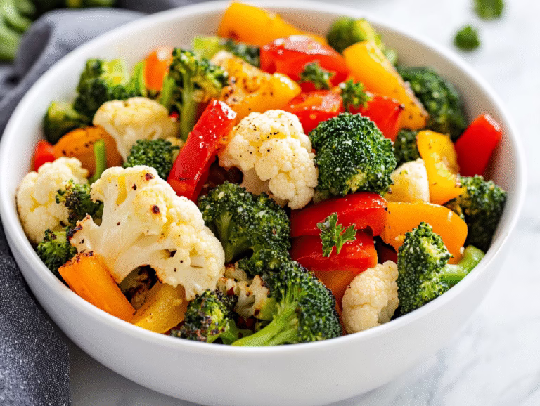 A white bowl of air-fried cauliflower, broccoli and red and yellow peppers on a grey cloth
