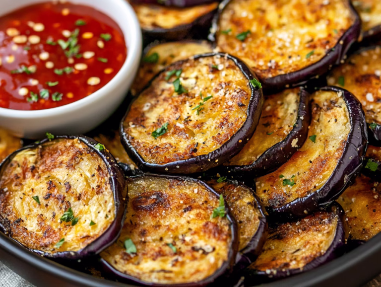 Crispy air fryer eggplant slices seasoned with herbs, served with a red dipping sauce.