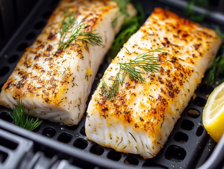 Seasoned white fish fillets cooked in an air fryer, garnished with fresh dill and served with lemon slices.