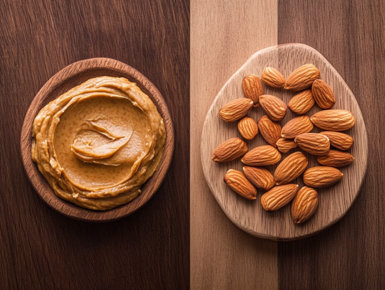 Almond butter in a wooden bowl beside whole almonds on a wooden surface.