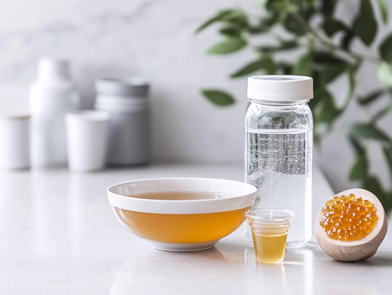 A bowl of clear broth, a small cup of liquid, a bottle of water, and a halved fruit on a white countertop.