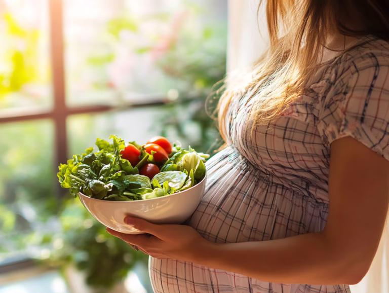 Pregnant woman holding a bowl of fresh salad near a window with natural light.