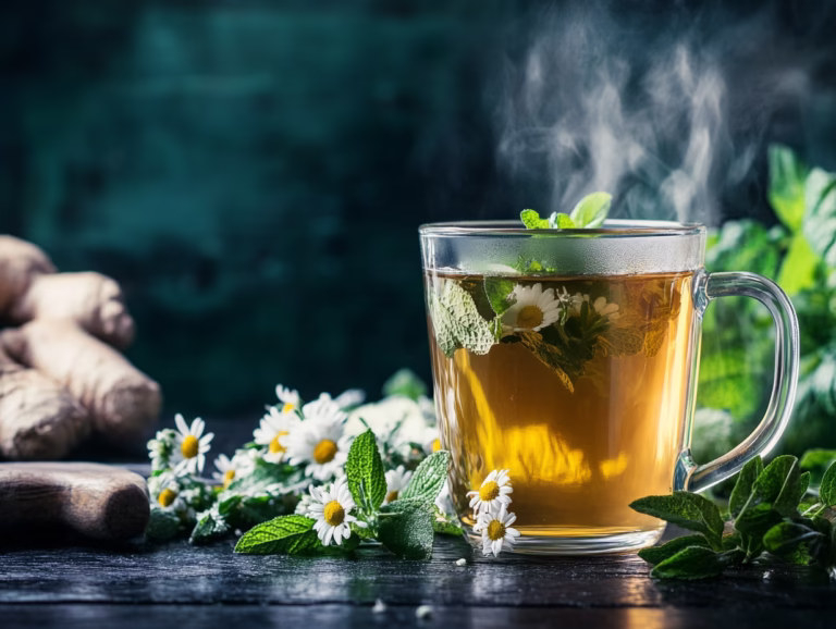 A glass cup of herbal tea with fresh herbs and small white flowers on a dark surface, with steam rising.