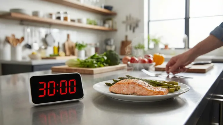 Plate of grilled salmon with asparagus next to a digital timer set to 30 minutes