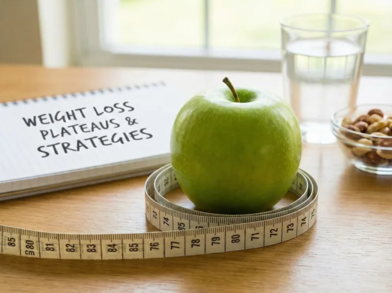 Green apple wrapped in a measuring tape next to a notebook about weight loss plateaus and strategies