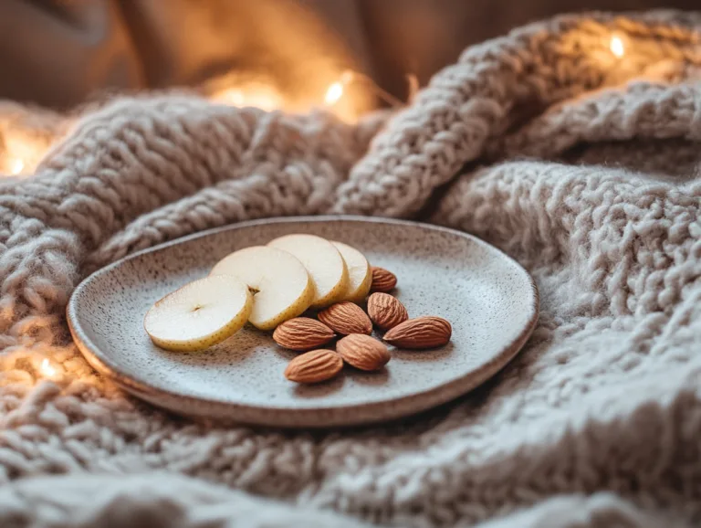 Small plate of sliced apple and almonds on a cozy blanket, a light snack before bed