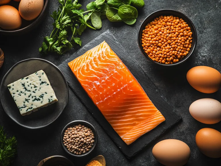 Salmon fillet, eggs, lentils, cheese and leafy greens arranged on a table as lean protein choices