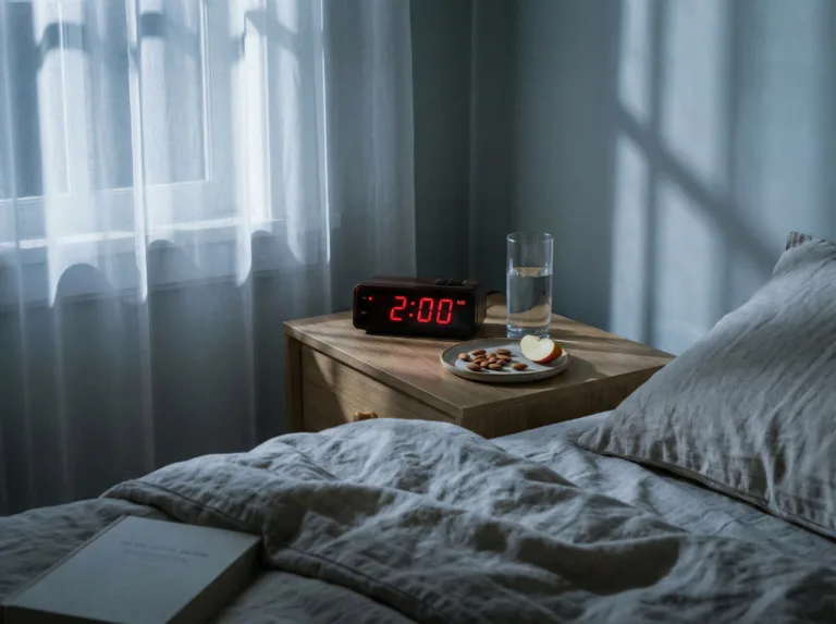 Blood Sugar Drops at Night: an unmade bed beside a nightstand with a clock at 2:00, a glass of water and a small snack