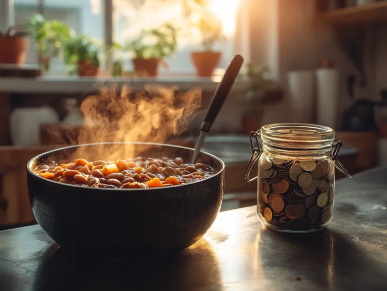 Bowl of homemade bean stew next to a jar of coins, representing affordable meal options for blood sugar-conscious eating.