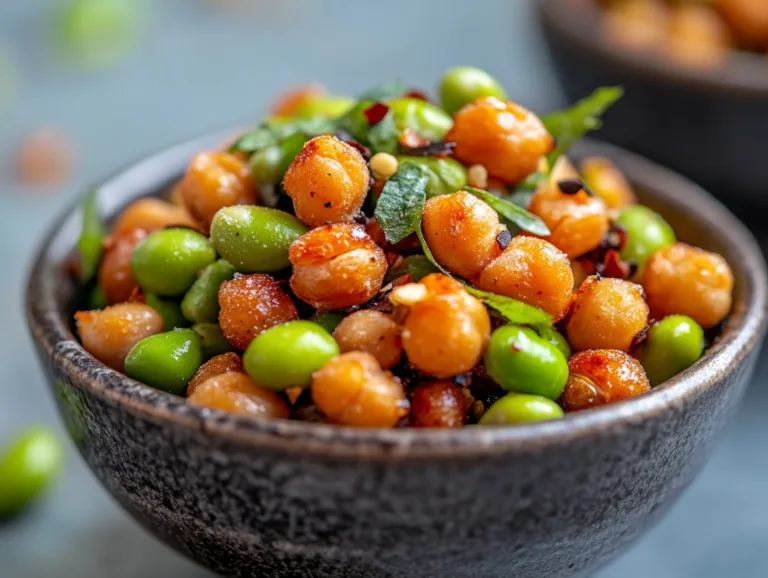 Bowl of roasted chickpeas and edamame seasoned with herbs and spices