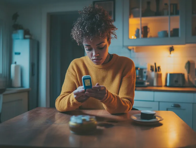 Person sitting at a kitchen table checking a glucose meter, tired after another day of blood sugar care